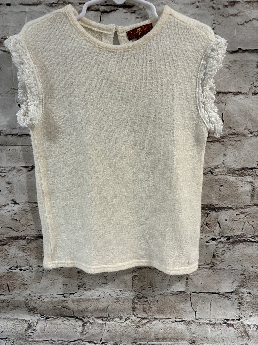 7 For All Mankind Cream Sleeveless Knit Top with Fringe Trim
